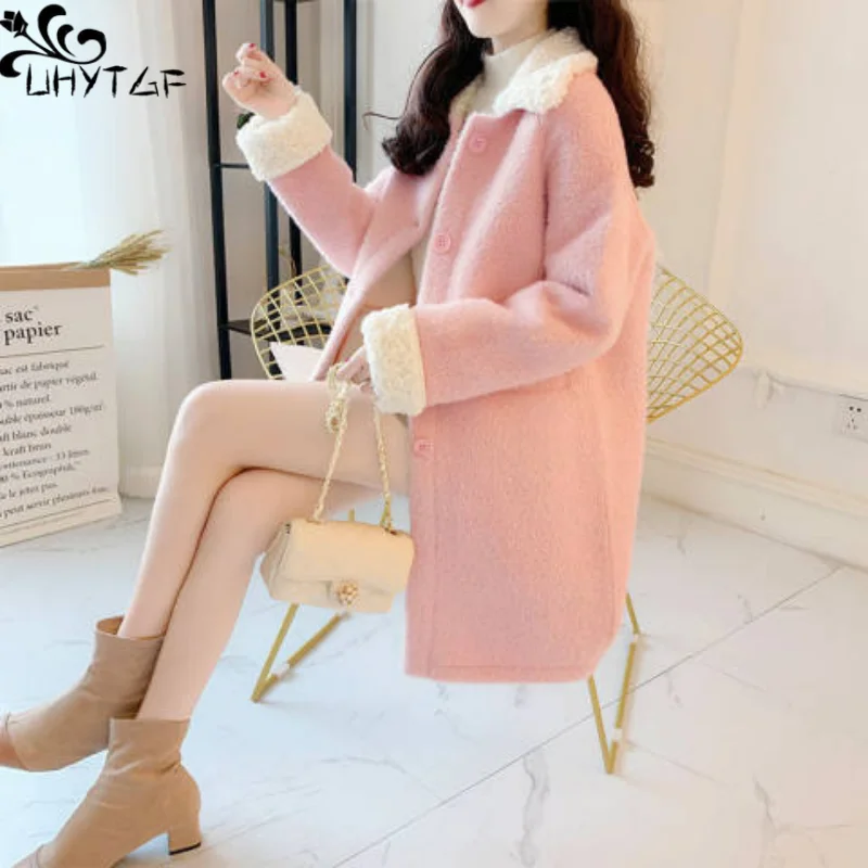 

Пальто UHYTGF из имитации овечьей шерсти женское осенне-зимнее Новое корейское модное однобортное свободное теплое длинное пальто для молодых девушек