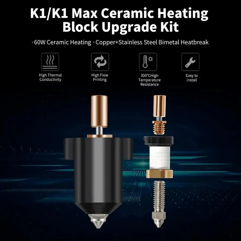 For Creality K1 / K1 Max Hotend Kit Ceramic Heating Block Nozzle 300°C  Extruder High Speed High Flow For Creality K1 Upgrade