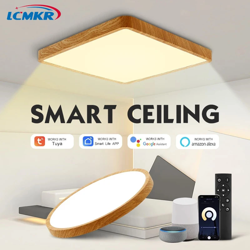 

Wood Grain Indoor Home Lights Smart Tuya Wifi LED Ceiling Lamps 36W 24W Switch/APP/Remote/Voice Control Work with Alexa/Google