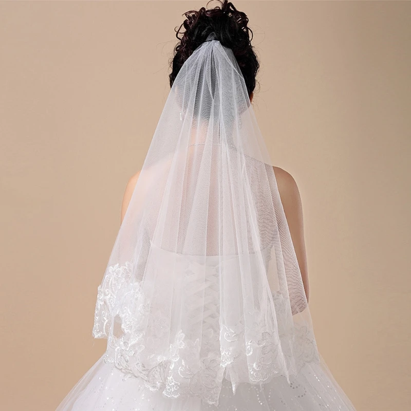 

Women 150cm Bridal Short Wedding Veil White One Layer Lace Flower Edge Appliques dropshipping