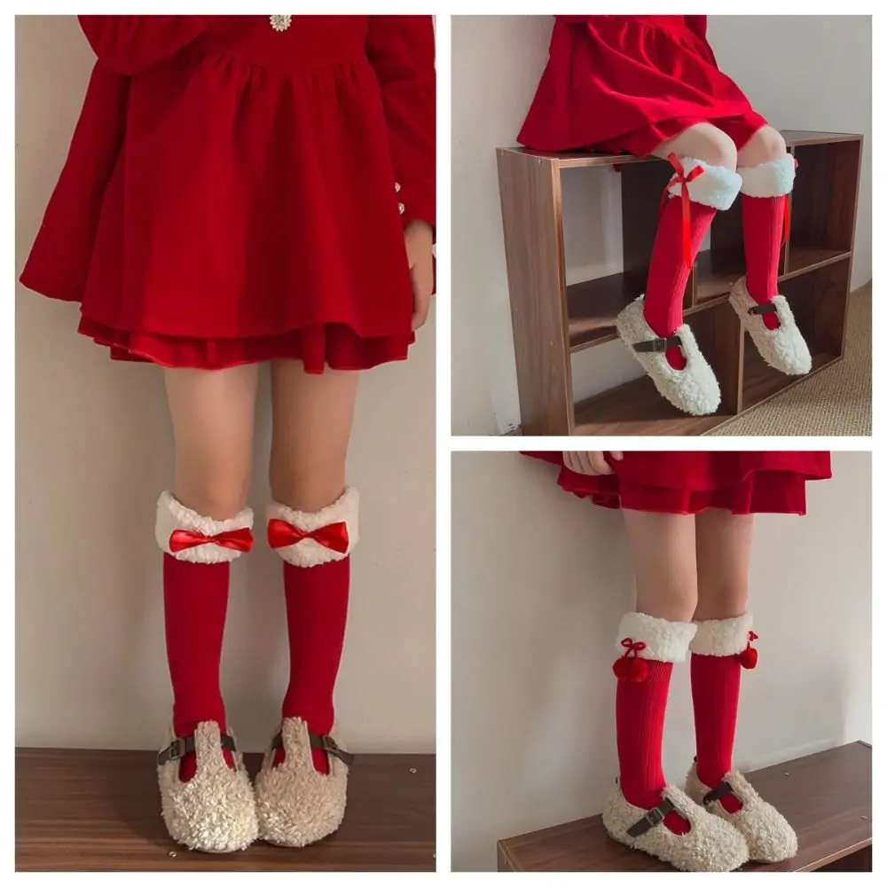 Casual Female Hosiery New Year Red Socks Cotton Thicken Children Red Socks Bow Floor Socks Middle Tube Socks For Girl