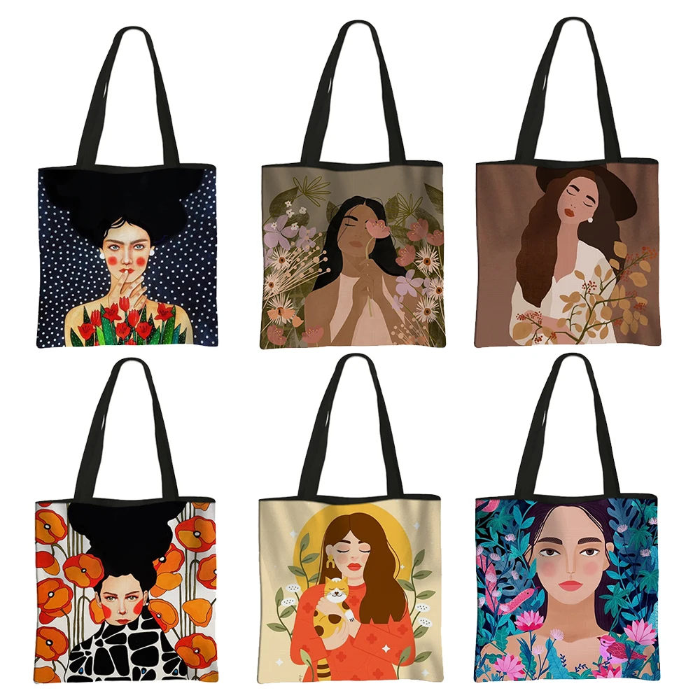 

Retro European Painting Shoulder Bag Girl with Flower Illustration Handbag Plant Lady Illustration Large Capacity Shopping Bags