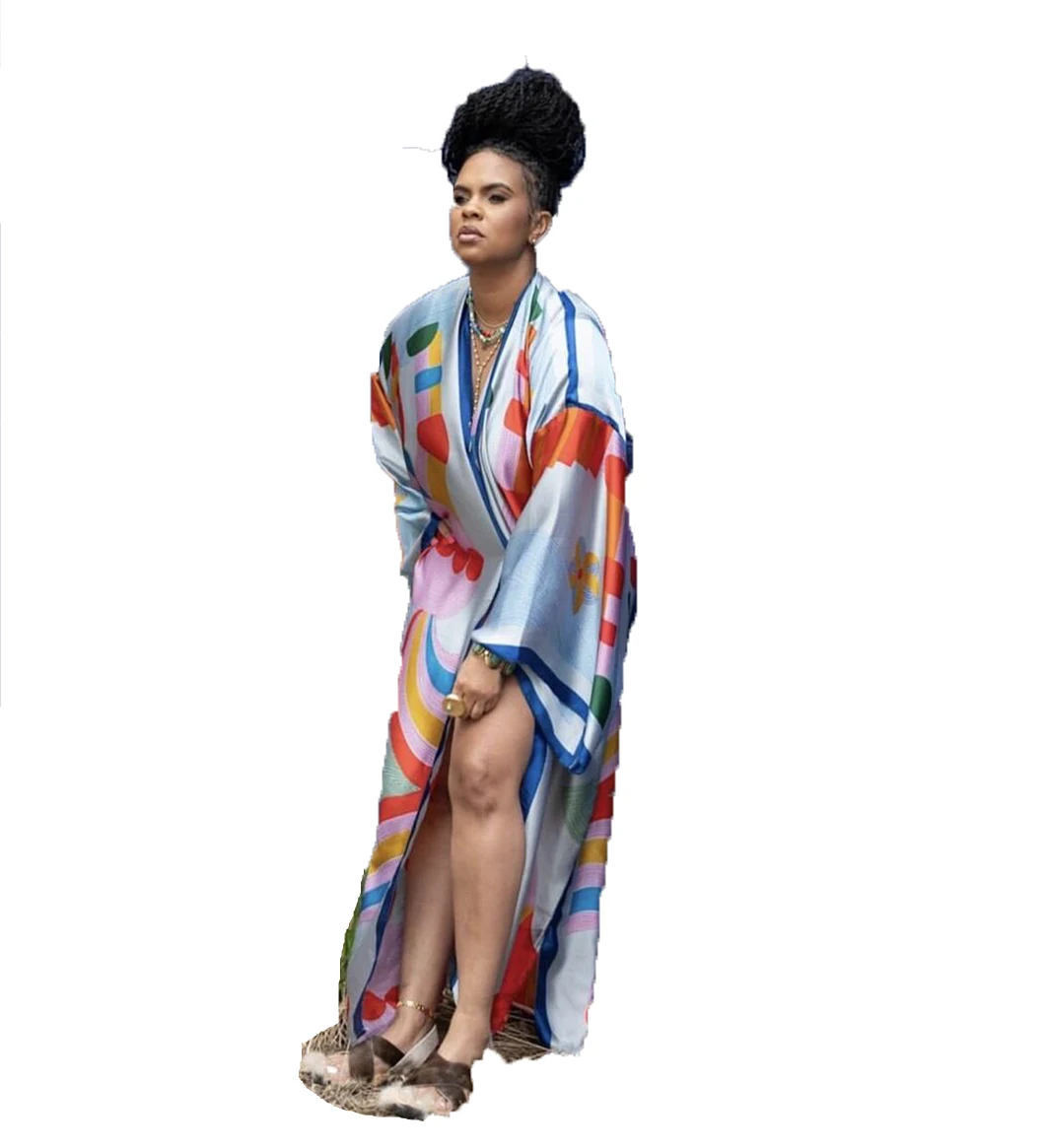 

Красивые африканские женские летние шелковые кимоно с принтом в стиле бохо, сексуальная женская пляжная одежда, свободные длинные кардиганы, турецкий Кафтан Макси