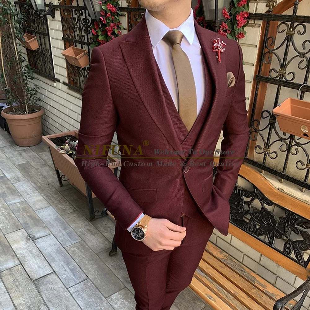 

Wine Red Men Suits Slim Fit Wedding Groom Tuxedo Party/Evening Best Man Formal Prom Suits 3 Pieces Jacket Vest Pant Blazer Sets