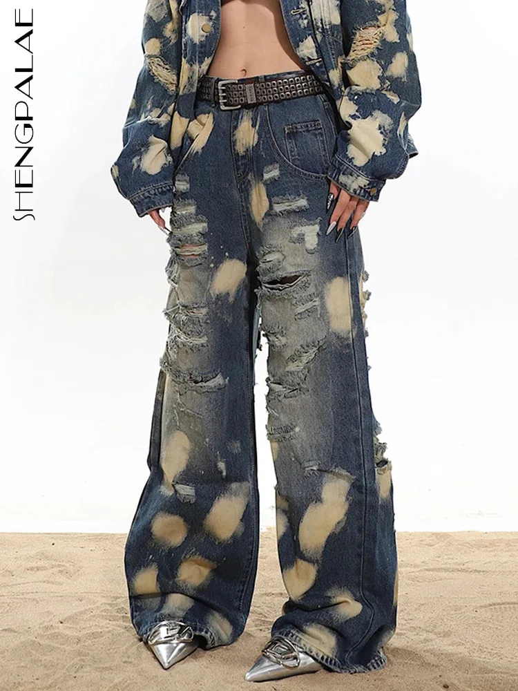 

SHENGPALAE Broken Hole Jeans For Women Graffiti Tassel Design Vintage Denim Straight Pants Spring 2024 New Chic Trousers 5R8794