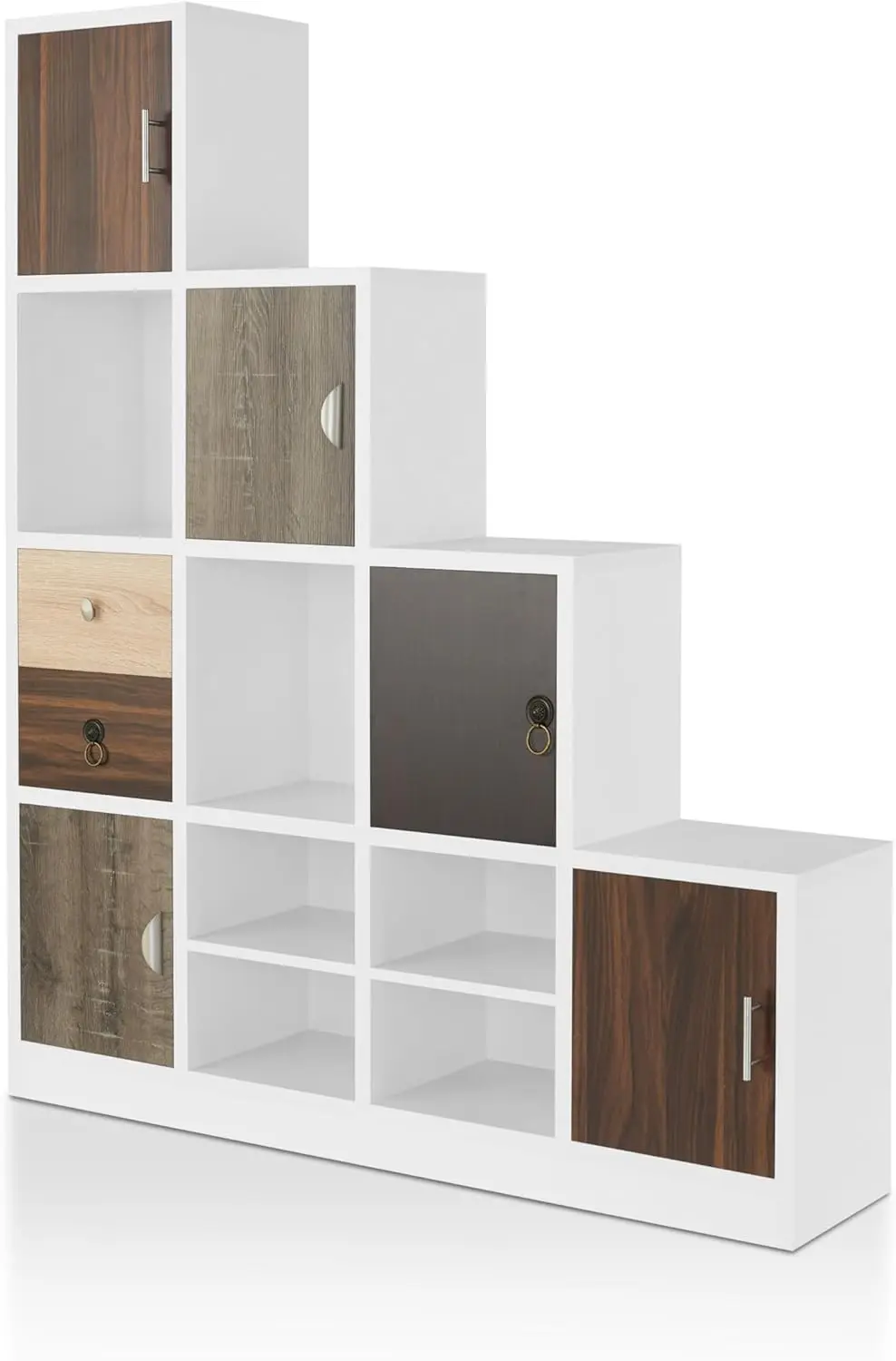

Catrina Modern 10-Cube Storage Bookcase with Drawer, L Shaped Ladder Corner Staircase Display Shelves, 4-Tier Organizer Shelff