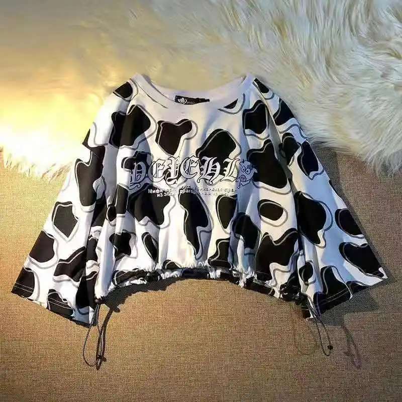 

Summer New Niche Design Sense Drawstring Short Cow Pattern Short-Sleeved T-Shirt For Female Students Loose And Thin Top Clothes