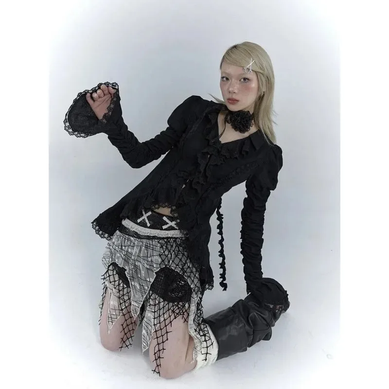 Deeptown Gothic Vintage Black Y2k Lace Shirt Women Long Flare Sleeve Aesthetic Slim Blouses V Neck Grunge Harajuku Spring Korean