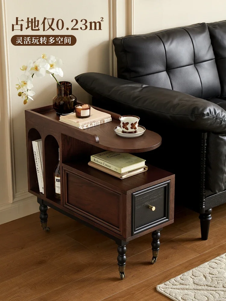 French retro solid wood movable trolley antique living room sofa side coffee table