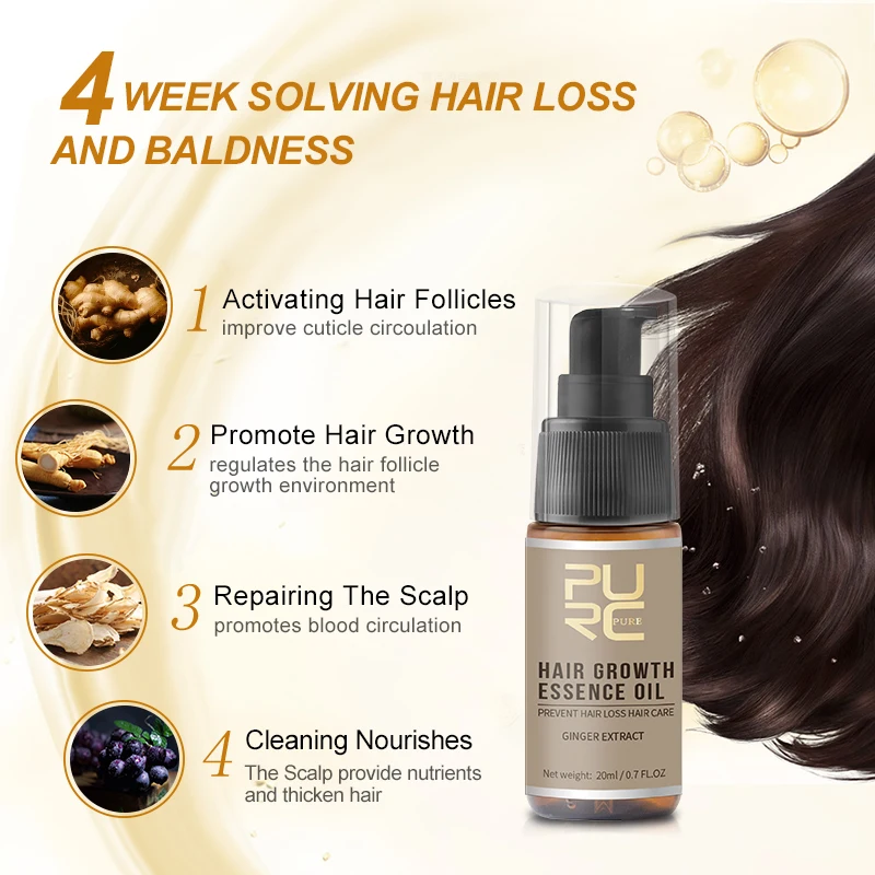 

PURC Ginger Essential Hair Growth Oil Liquid Anti Hair Loss Baldness Remedy Boost Grow Thicker Hair Care Scalp Treatment 20ml
