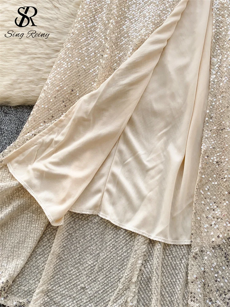 SINGREINY Senior Elegant Strap Dress Strapless Zipper Sequins Shinny Sundress Ruched Sheath Split Chic Women Evening Party Dress 6