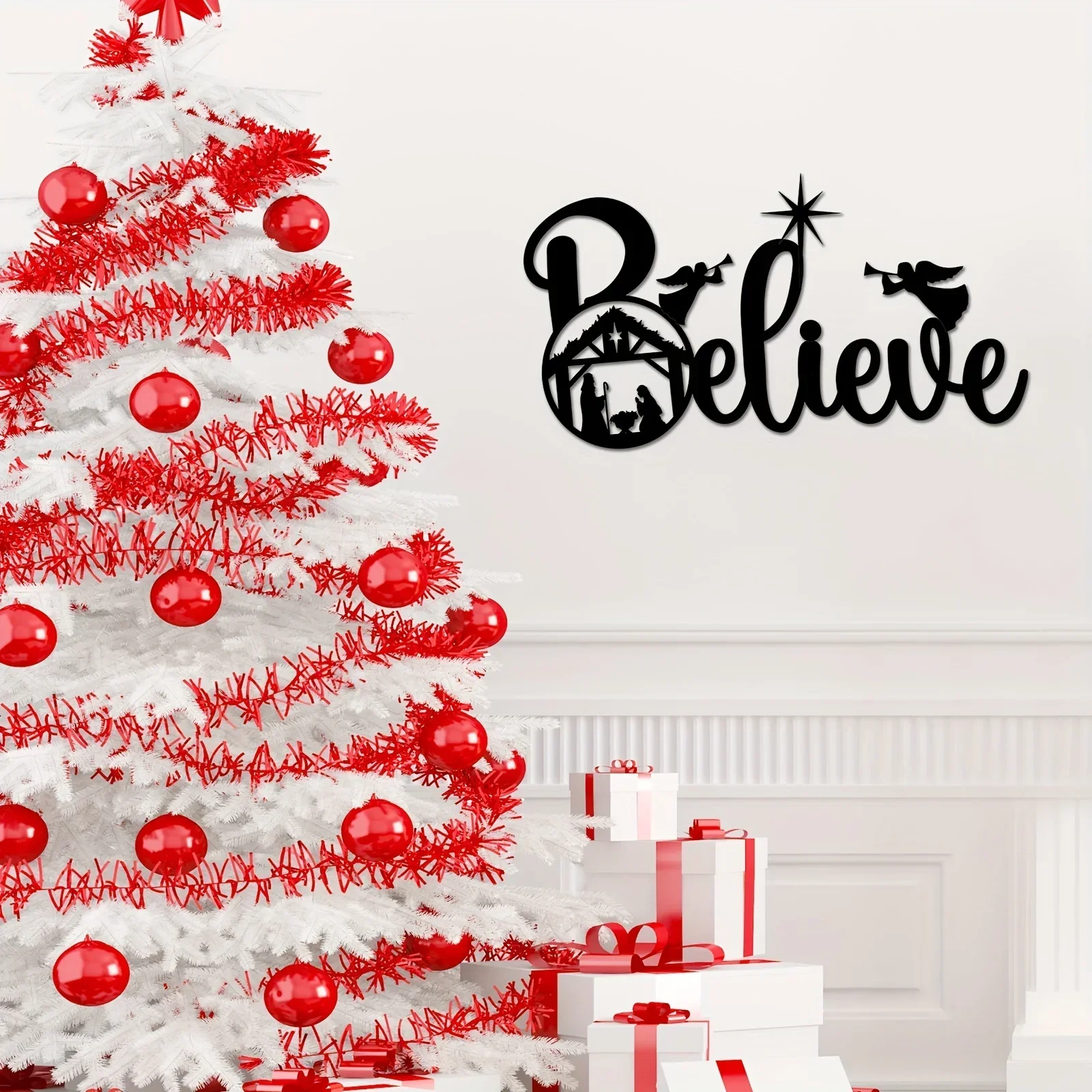 

CIFBUY Deco "Believe" Nativity Metal Wall Hanging Decor Nativity Metal Wall Mounted Decoration Silhouette Wall Art Christmas De