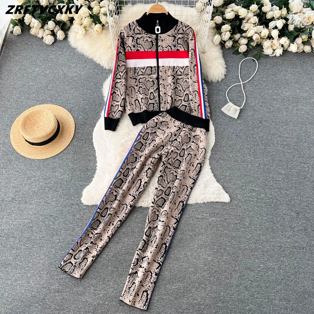 

New Fashion 2 Piece Set Women Sexy Long Sleeve Zipper Sweaters &Elastic Waist Pants Suit Brand Female Tracksuit Knitted Outfits