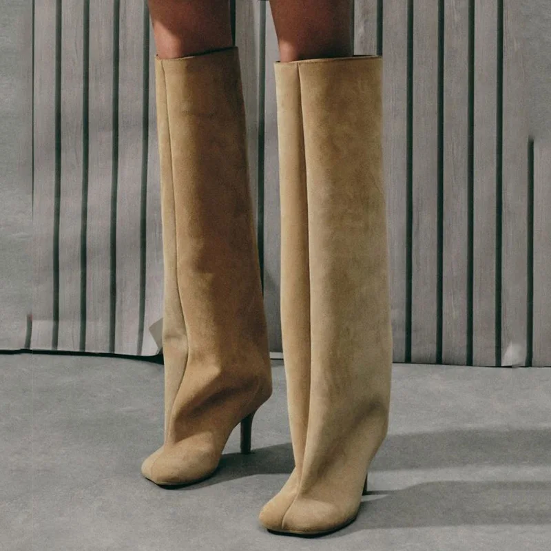 

Suede Knee High Winter Boots Women's Wide Calf High Heels Long Boots Elegant Trend Trouser Shoes Party Ladies Runway Boots