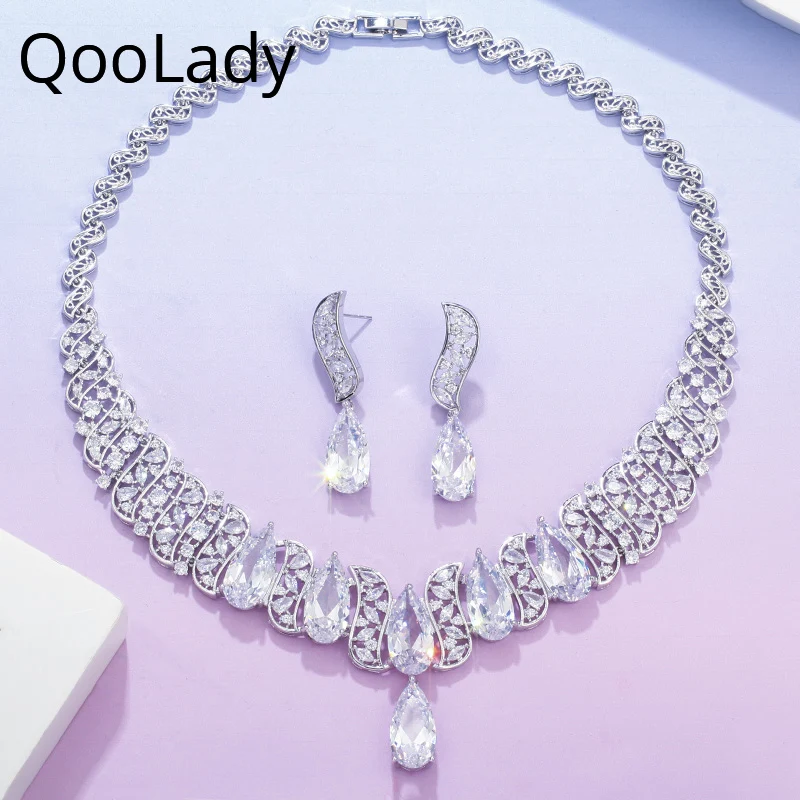 

QooLady Luxury Bride Shiny Big Water Drop Cubic Zirconia Crystal American Wedding Necklace Earring Sets Anniversary Jewelry Z056
