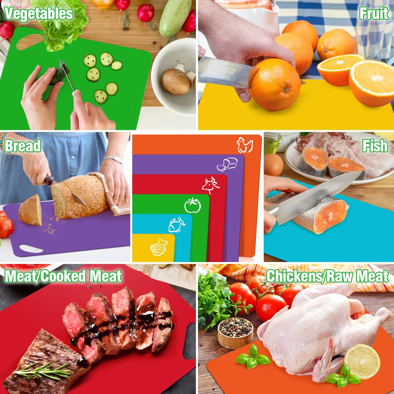 Leeseph Flexible Plastic Cutting Board Mats 6pcs Colorful Non-slip Chopping Boards Kitchen Tool Food Icons For Cutting Board