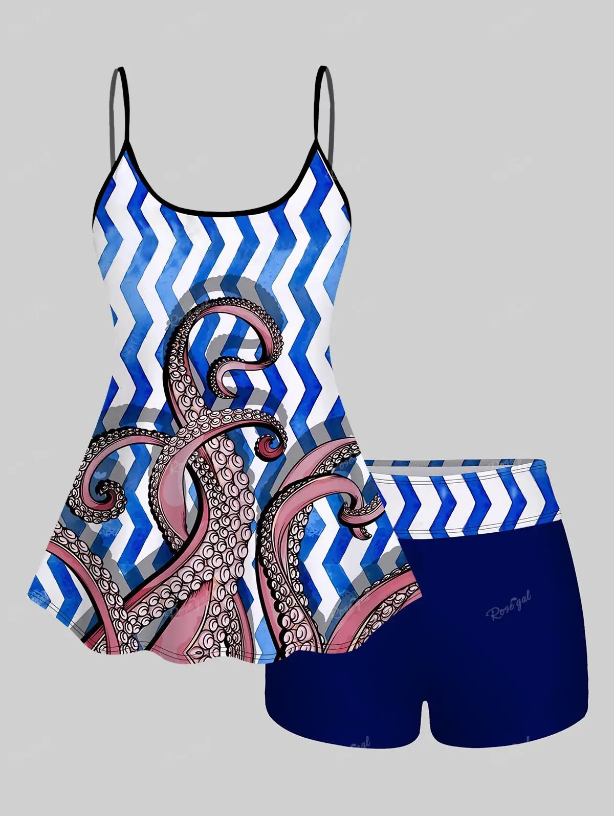 Plus Size Octopus Stripes Print Boyshorts Tankini Swimsuit Women Summer Adjustable Shoulder Strap Wire Free Bathing Suit
