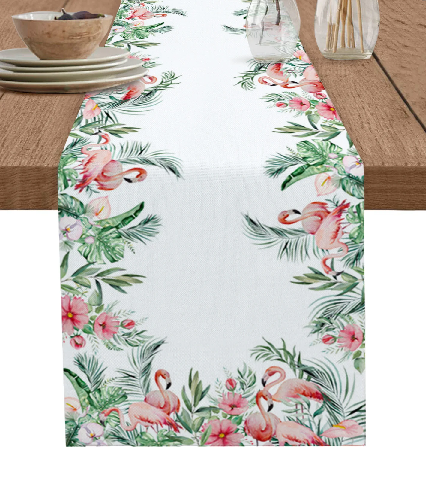 

Ins Style Tropical Plants Flamingos Linen Table Runner Kitchen Table Decoration Farmhouse Dining Tablecloth Wedding Party Decor