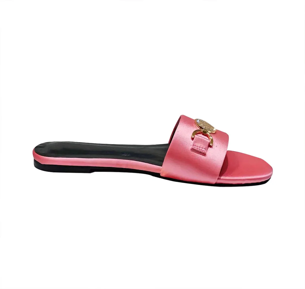 

New women's cowhide silk metal buckle retro luxury slippers sandals