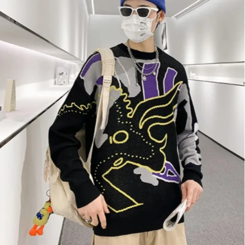 

Men's Harajuku Style Loose Sweater, Round Neck, Long Sleeve Pullovers, Trendy Sweaters, Casual Fashion, Autumn, Winter, New, 202