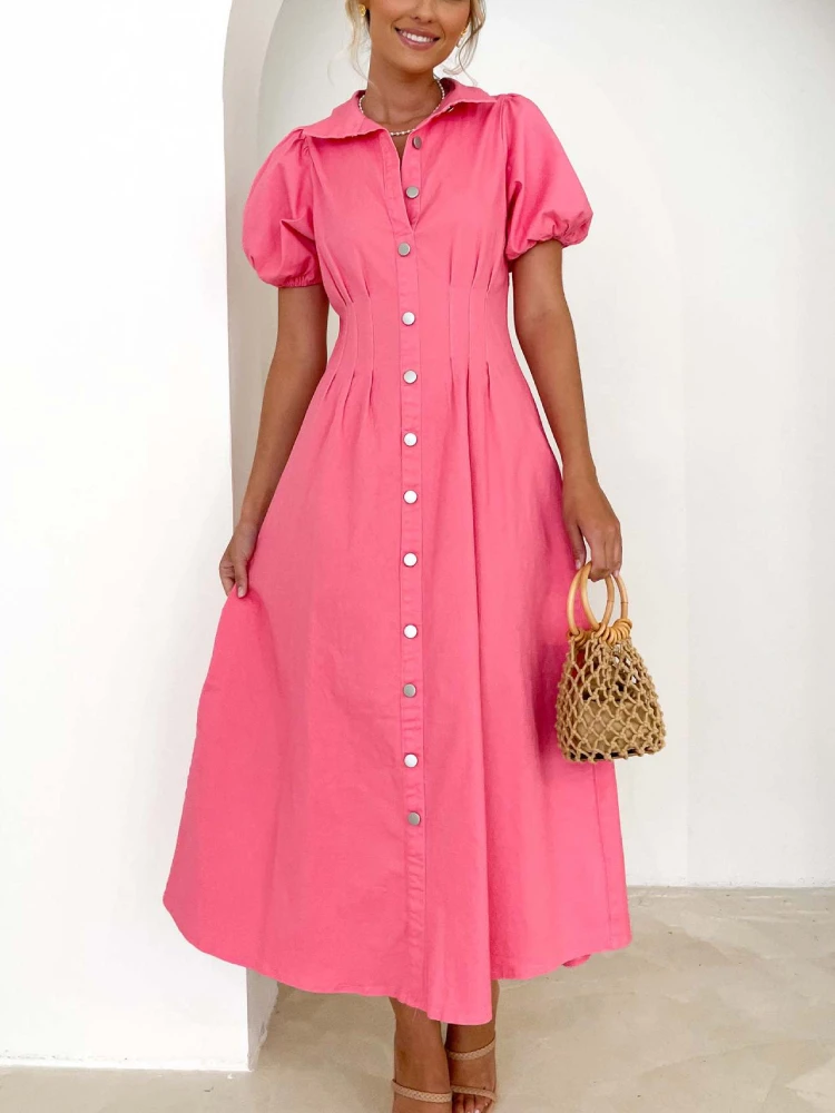 

Office Lady Lapel Buttons High Waist Tunic Dress Women Elegant Puff Sleeve Solid Long Dresses Summer Chic Turn-down Collar Dress