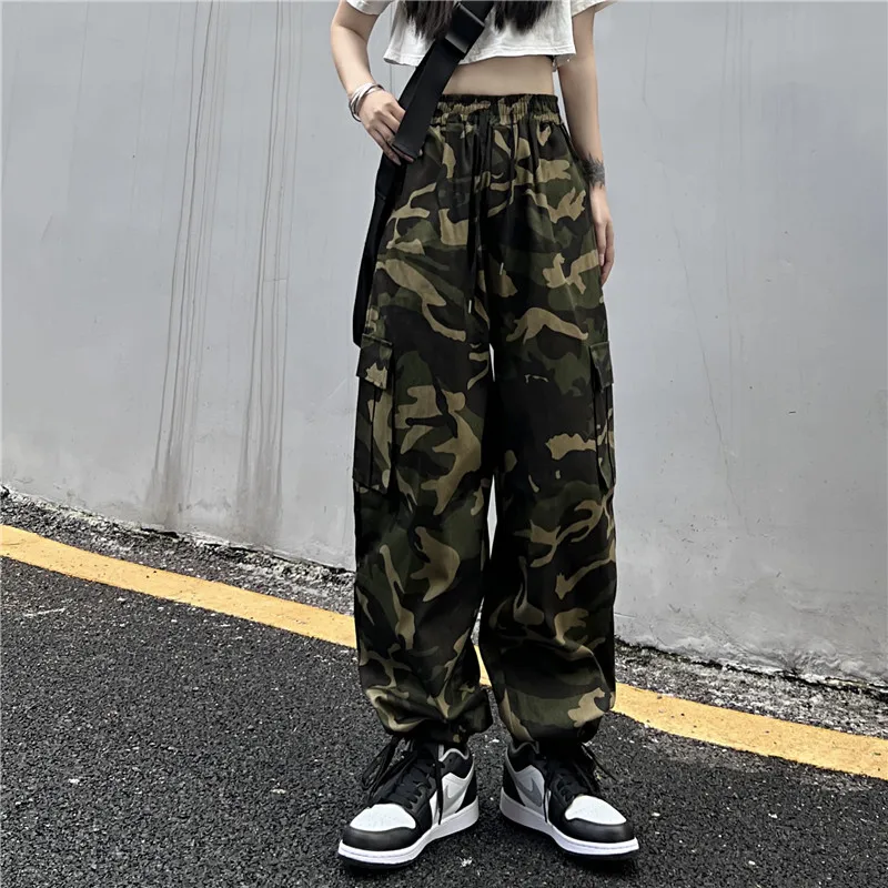

Harajuku Style Tooling Straight Casual Pant Fashion Elastic Waist Camouflage Design Street Hiphop Trouser Loose Wide Leg Pants