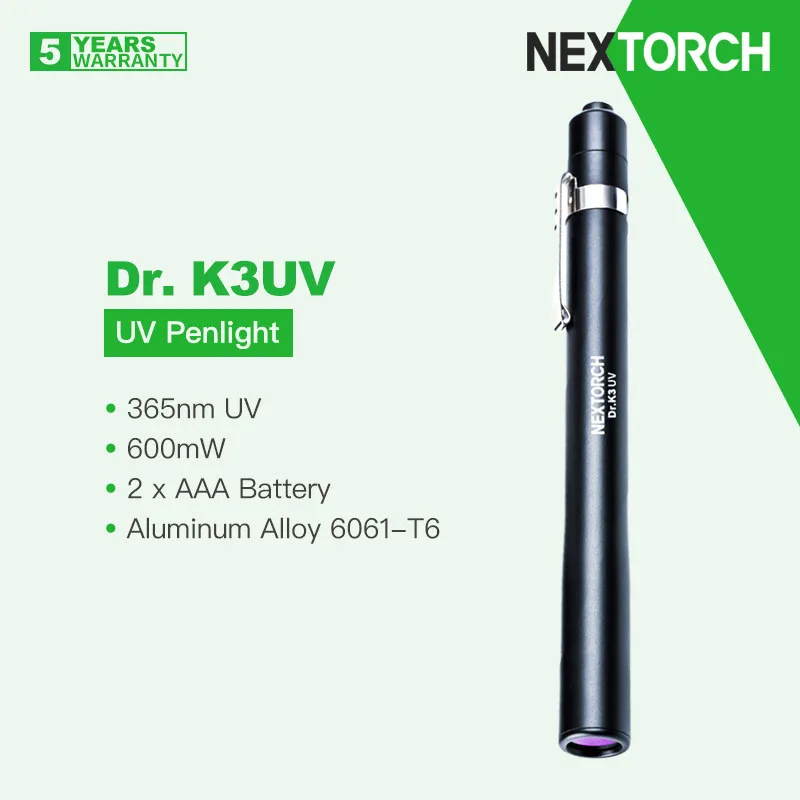 Nextorch Dr.K3Uv Lampada Per Legno Uv Penlight, Lunghezza D'Onda 365Nm, 600Mw, Rilevamento Per Fluorescenza/Contraffazione, Squisitamente Piccola