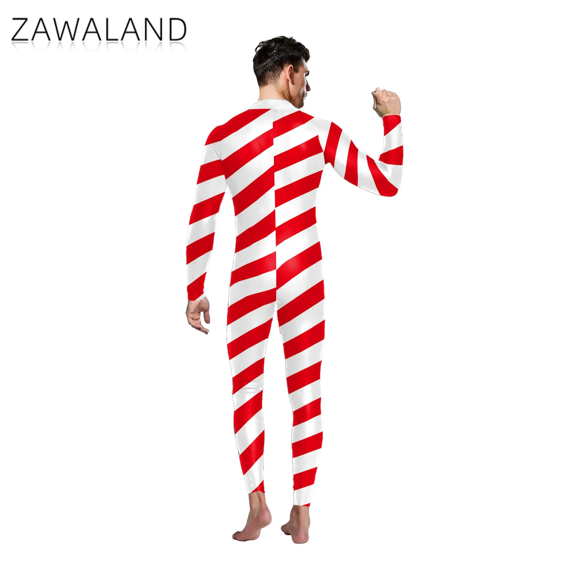 ZAWALAND Christmas Costume Women Zentai Bodysuits Cosplaycandy Color Stripe Printed Jumpsuits Man Holiday Xmas Catsuit Outfits