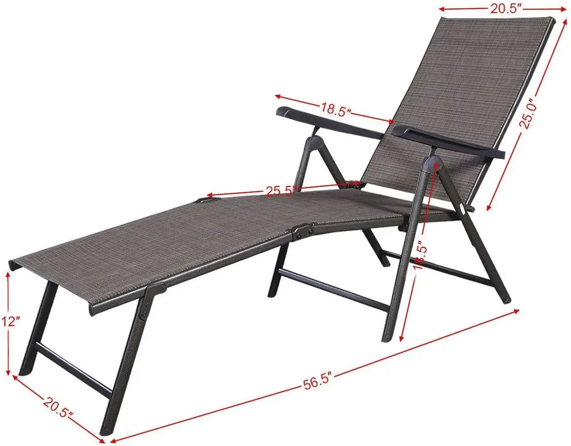 Set of 2 Patio Adjustable Chaise, 5 Back & 2 Leg Positions Adjustable Textiline Outdoor Reclining Lounger Chairs 2