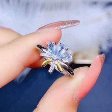 

MeiBaPJ Natural Aquamarine Gemstone Trendy Flower Rings for Women Real 925 Sterling Silver Charm Fine Party Jewelry