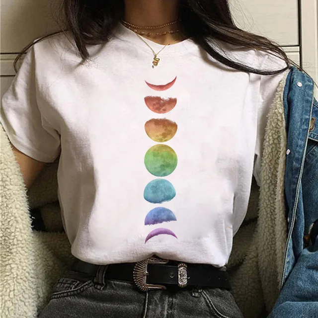 New Women's T-shirt Oversized Streetwear Black Moon Casual Round Neck T-shirt Lunar Eclipse Printed Women T-shirt Tee Tops E474-White