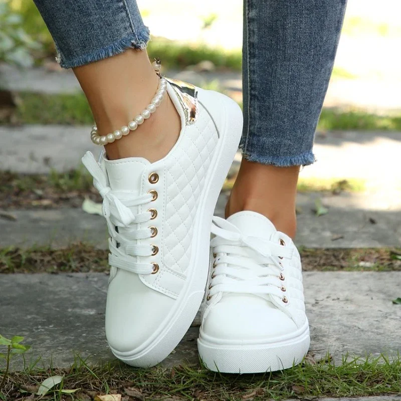 Size 35-41 Women White Sneakers 2024 Spring Autumn Womens Fashion Black Lace-up Soft Soled PU Leather Shoes Ladies Casual Shoes 2