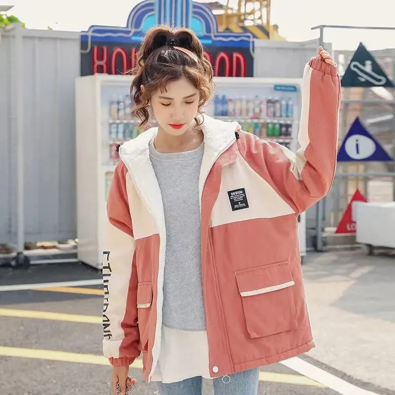 Velvet/Non-Velvet Jacket Women's Spring Autumn Coat Hooded Korean Version Loose 2022 New Junior High School Students All-Match