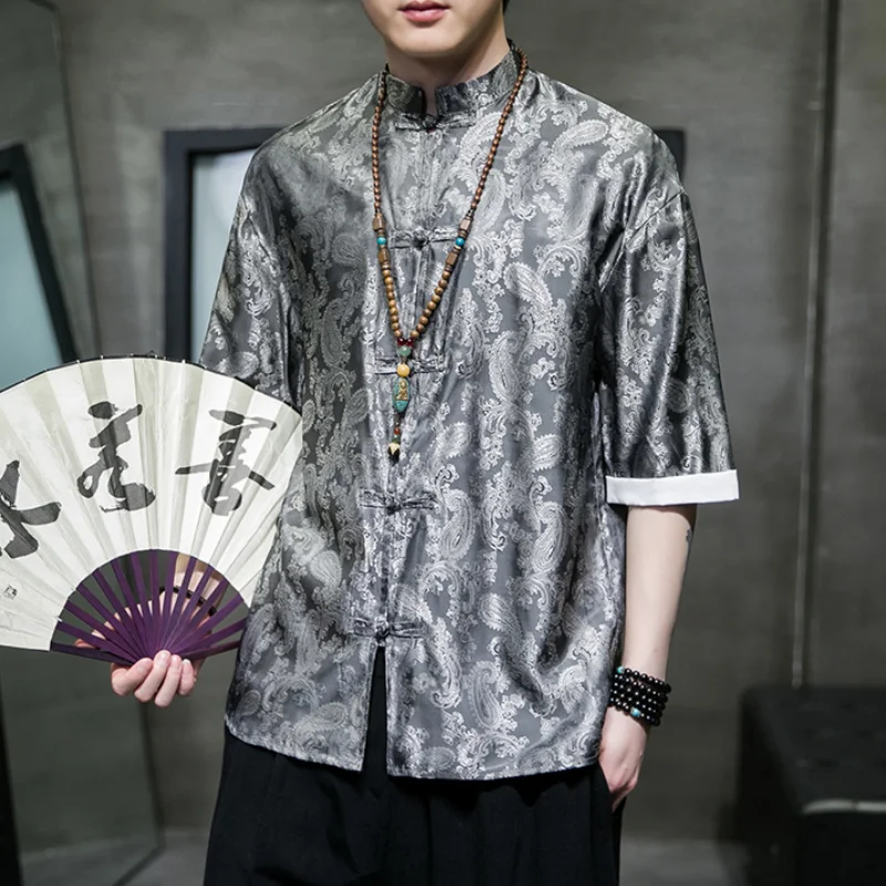 PLUS SIZE Chinese Style Men Clothing Tang Suit Top Jacquard Half Sleeve Shirt Kung Fu Coats Spring Summer Loose Satin Blouse