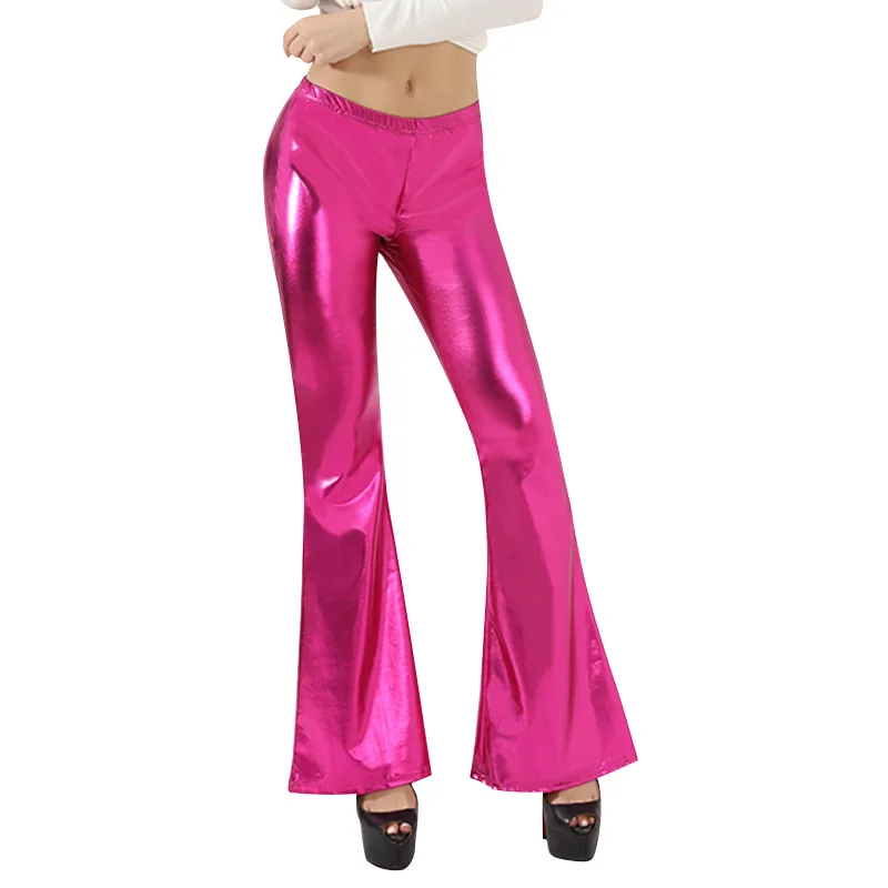 Fashion Rose Shine Bright Flare Pants Women High Waist PU Solid Wide Leg Trousers Performance Clothes Fashion Korean Slim Leggin