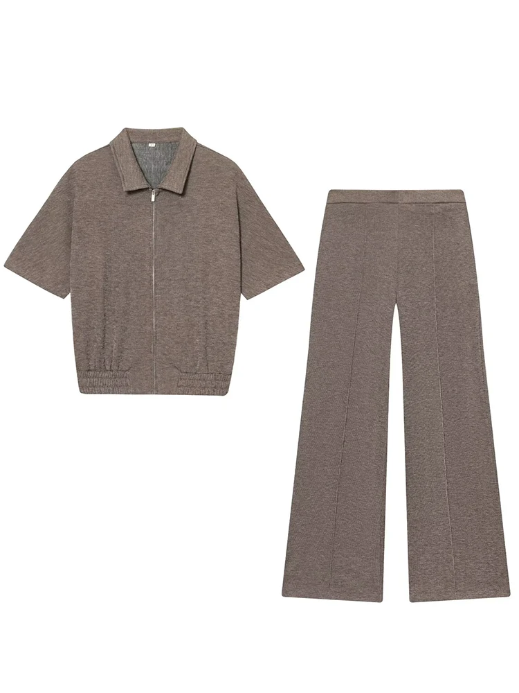 Autumn Women Straight Pants 2-Piece Set Short Sleeve Lapel Zipper Tank Tops Elastic Waist Wide-leg Pockets Pants Chic Outfits