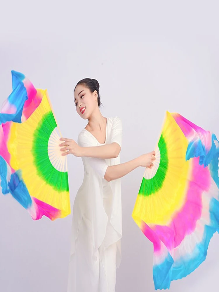 Extra Long Imitation Silk Veil Polyester Handmade Yangko Fan Chinese Traditional Bamboo Handle Folk National Square Dancer Props