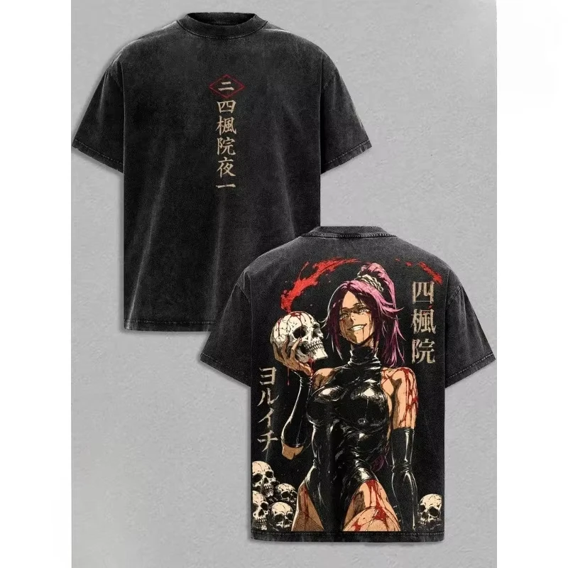 Anime BLEACH Shihouin Yoruichi Grafik-Print T-Shirt für Männer und Frauen, O-Ausschnitt, Baumwolle, Retro-Waschung, Locker Geschnitten, Lässig, Übergroß, Sommer, Neues T-Shirt