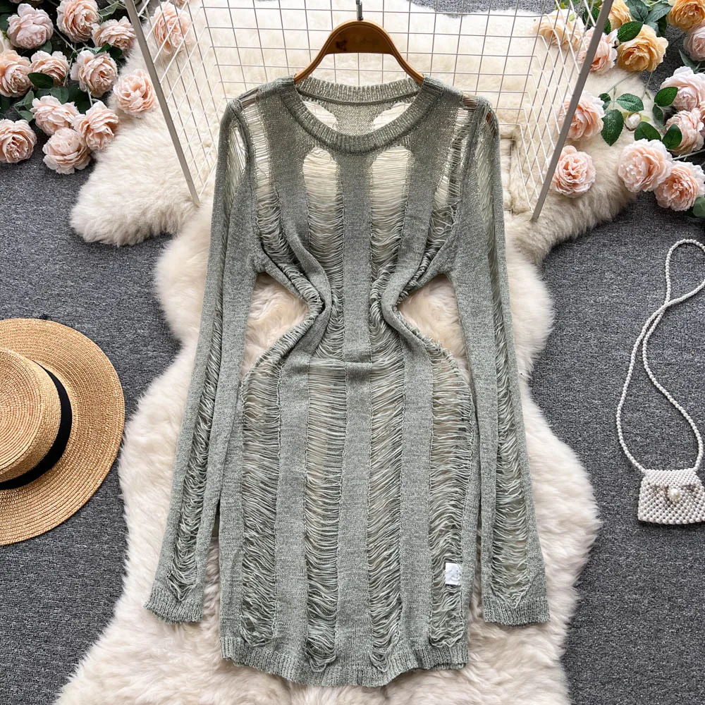 

Осеннее корейское нежное трикотажное облегающее платье с бахромой и длинными рукавами