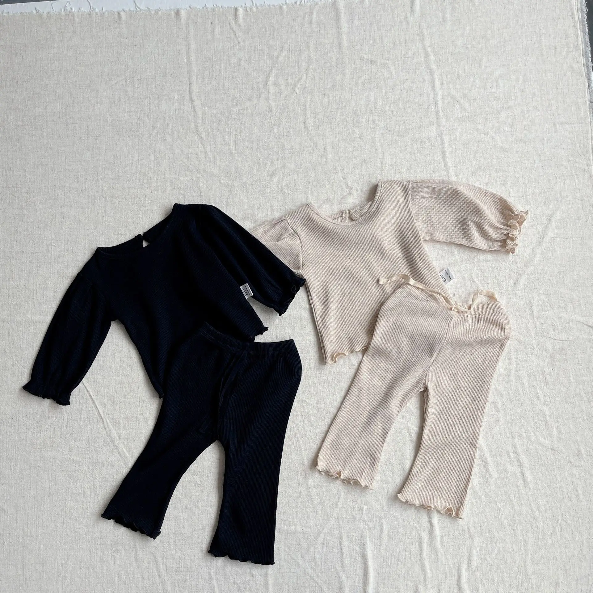 2024 Autumn Baby Clothes Girl Solid Waffle Long Sleeve Tops + Flared Pants 2pcs Cotton Children Casual T-shirt Suit Kid Tees Set