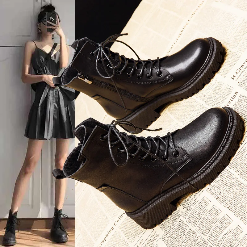 

Женские кожаные ботинки на толстой подошве, тонкие дышащие однотонные короткие сапоги, весна-осень