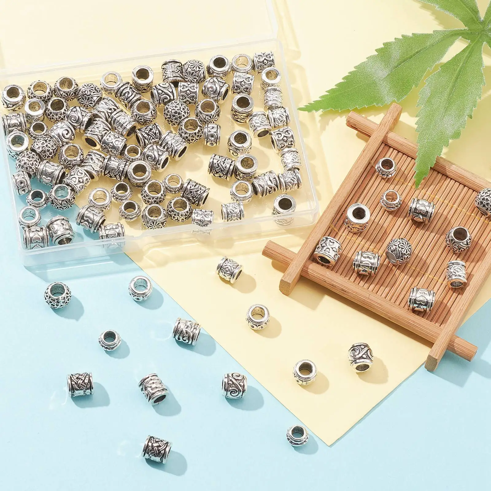 Pandahall 100Pcs 10 Styles Antique Silver European Large Hole Beads Tibetan Totem Spacer Beads for Bracelets Jewelry Making DIY