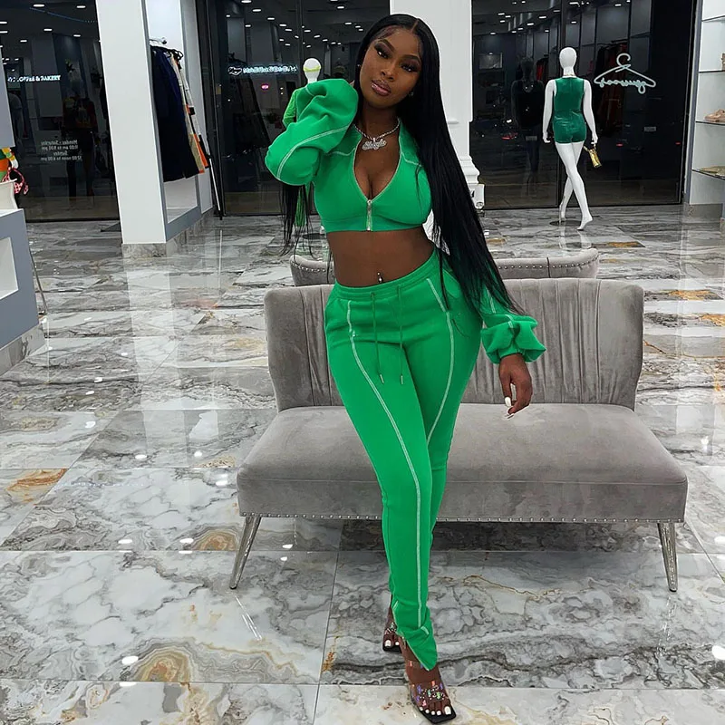 Casual Sporty 2 Piece Suits for Women Lantern Sleeve Zip Jacket Crop Top and Split Pants Sets Striped Streetwear Fitness Outfits