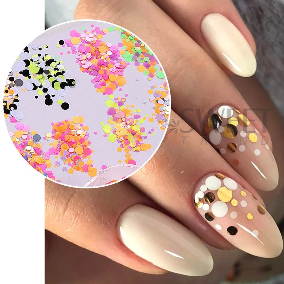 12 Grids Fluorescent Round Sequins Nail Glitter Sparkle Bubble Circle Flakes Polka Dot Design Slice Spangles Holo Manicure Decor