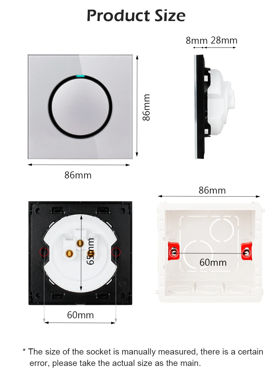 Description Picture 5 of itemUNKAS Grey 1 2 3 4 Gang 1 / 2 Way Random Click On / Off Pass Through Wall Light Switch LED Indicator Gray Crystal Glass Panel