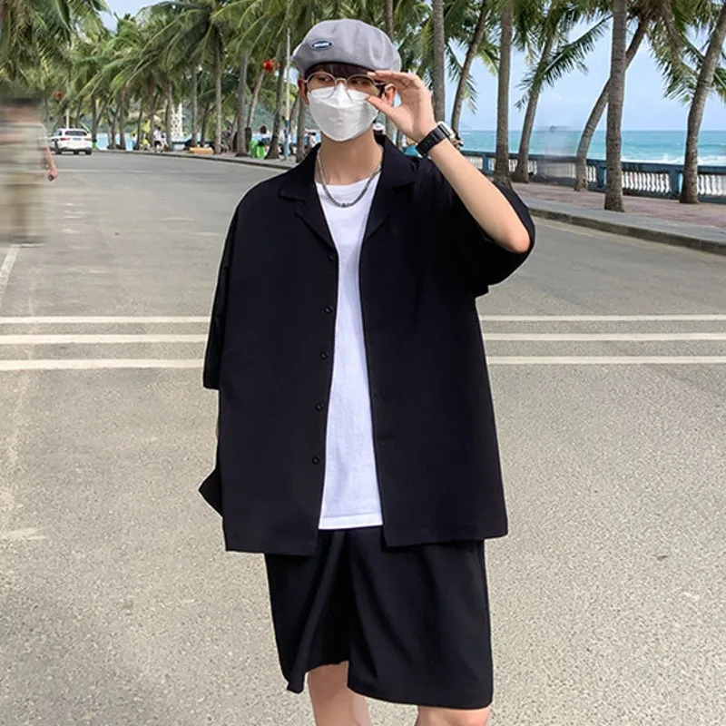Summer Two-Piece Men's Sets Shirt and Shorts Casual Outfits Oversized Short Suit Plain Clothes Clean Fit Black White Green