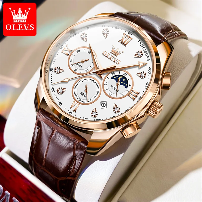 OLEVS Luxury Casual Sport Watch For Men Top Brand Leather Strap Date Moon Phase Waterproof Watches Male Clock Reloj Hombre