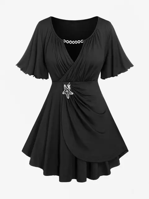 ROSEGAL Plus Size Lettuce Ruched Keyhole Flutter Sleeves Surplice Tee 2026 Women Summer new soild V-Neck Short Sleeves Tee