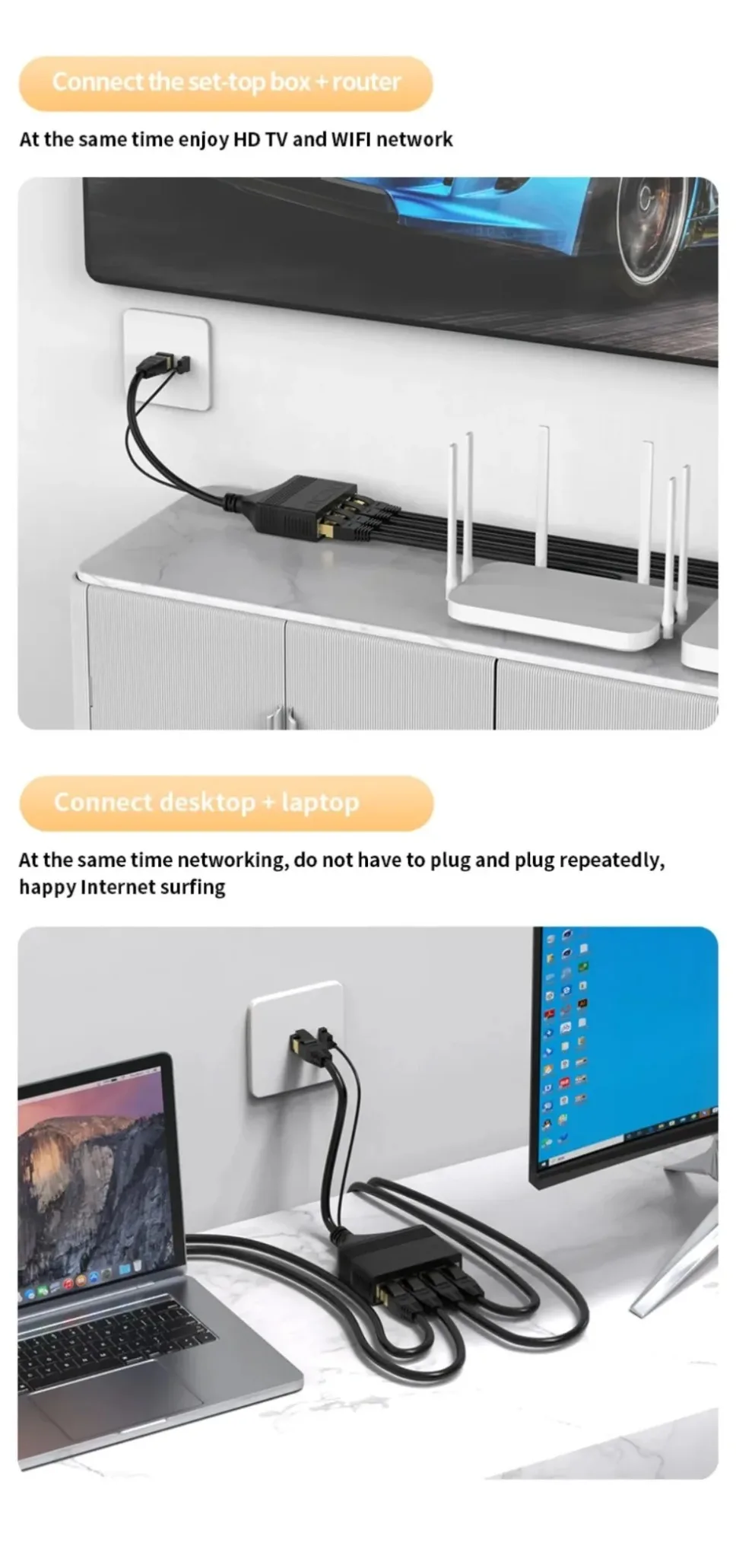 Adaptador Extensor Divisor de Cabo de Rede Dispositivos Compartilhar a Internet ao Mesmo Tempo a Rj45 - Imagem 2