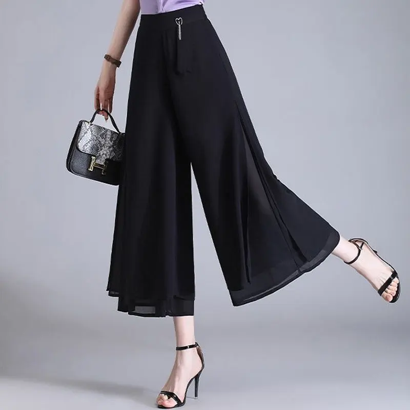 Female Clothing Wide Leg Casual Pants Stylish Patchwork High Waist Elastic Summer New Commute Floral Printed Basic Cropped Pants